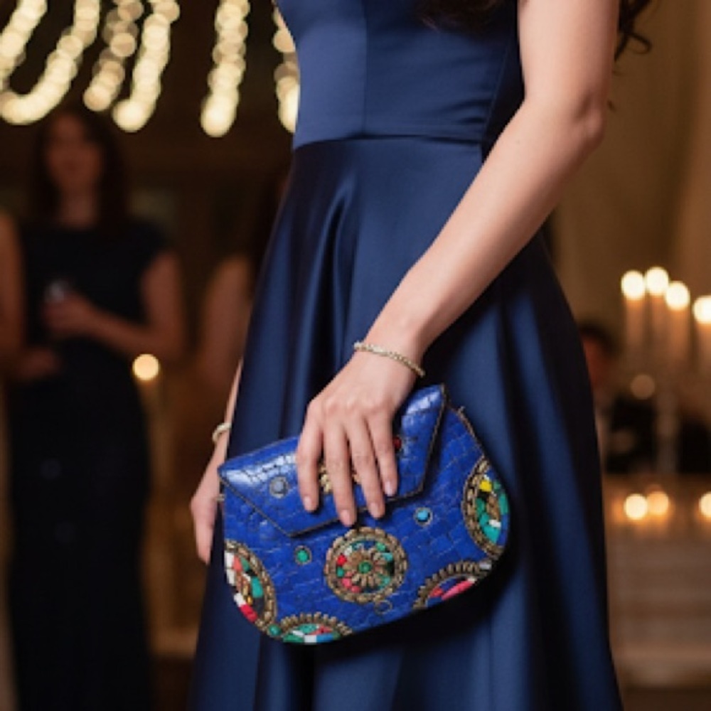 RAMLA Moriccan Handmade Mosaic Tile Handbag Blue with Gold